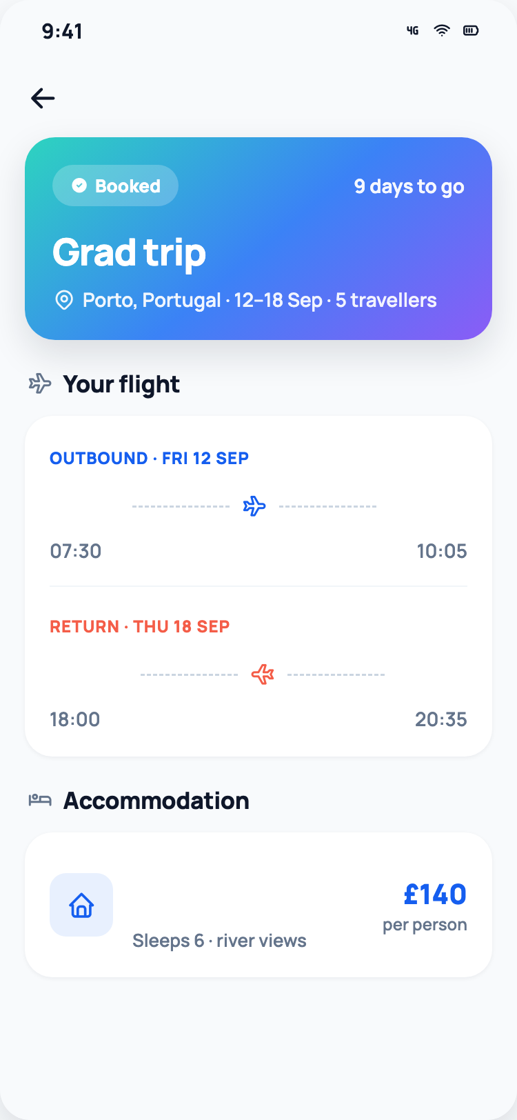 Voygo booked trip screen: flights, accommodation and dates all sorted, with the countdown running