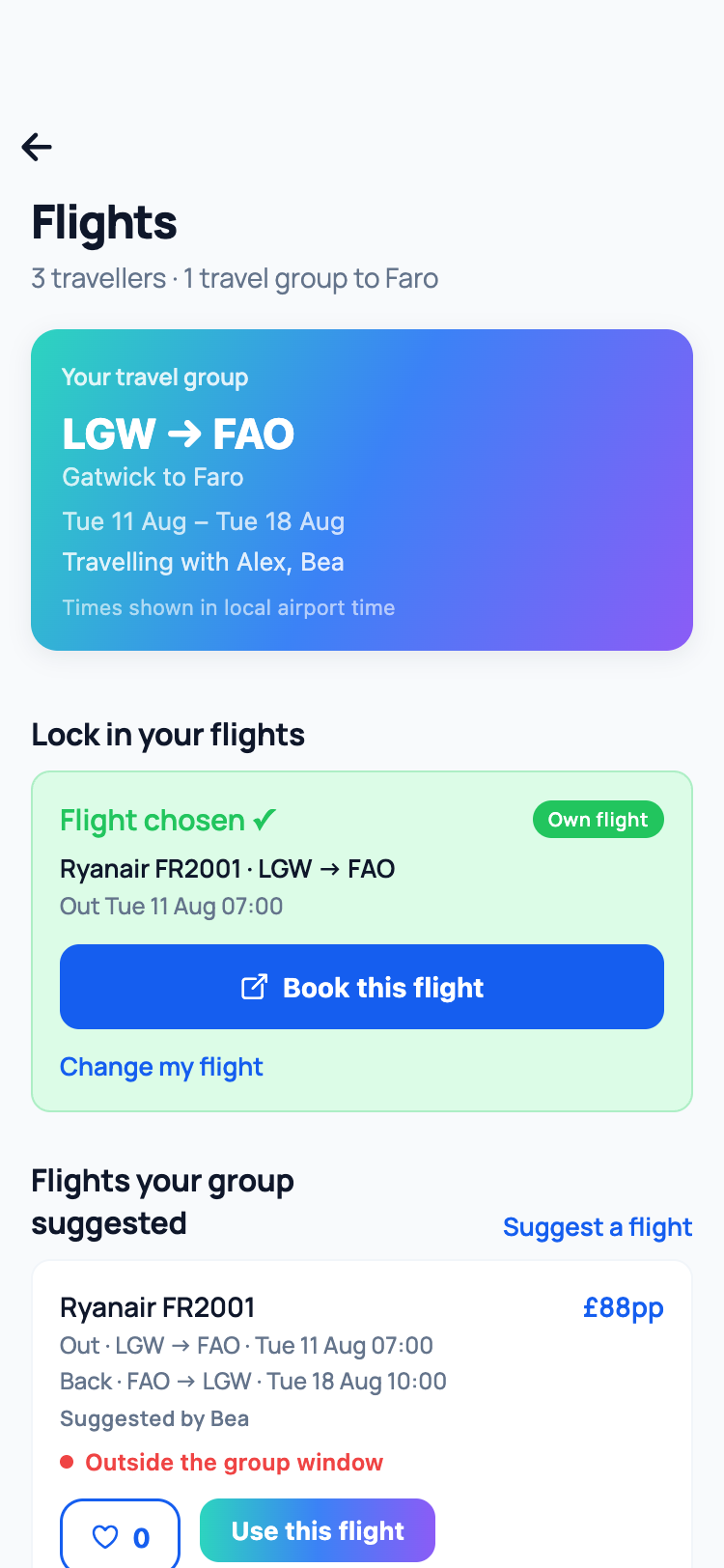 Voygo flights screen showing the group travel window and a suggested flight everyone can pick