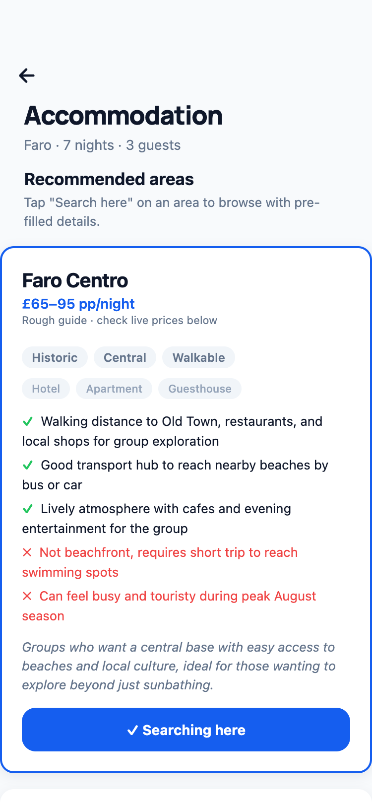 Voygo accommodation screen recommending the best area to stay, with pros and cons for the group